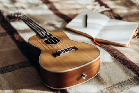 A ukulele rests on a cozy, plaid blanket beside an open notebook with a pen, capturing a serene,