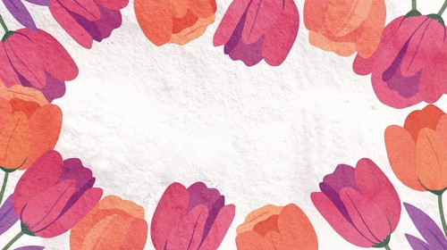 Colorful tulips in pink, purple, and orange surround a blank space, celebrating the beauty of