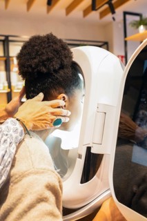 A technician assists a customer engaging with advanced skin analysis technology in a cosmetics
