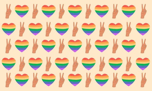 A seamless pattern featuring rainbow hearts and peace signs on a soft beige background, symbolizing