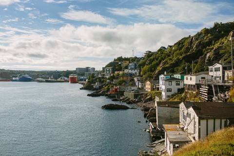 Coastal cityscape of St. John's, Newfoundland & Labrador, showcasing quaint, multicolored houses