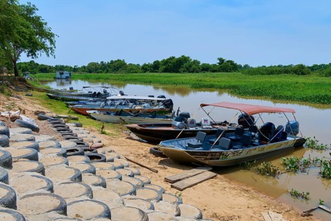 Five boats are moored on a quiet riverbank against green vegetation under a clear sky, Porto Jofre,