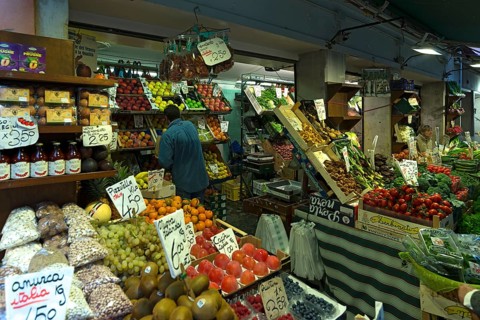 Fruit and vegetable stand at the rialto market in the San Polo district, Venice, Veneto, Italy