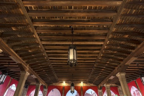 Historic wooden ceiling from the fish market, Rialto market in the San Polo district, Venice,