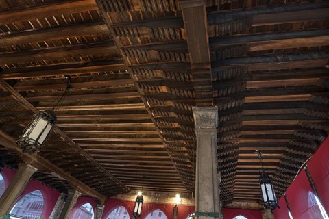 Historic wooden ceiling from the Rialto market in the San Polo district, Venice, Veneto, Italy