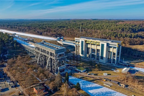 Niederfinow boat lift on the Oder-Havel Canal in winter with ice on the canal. aerial view.