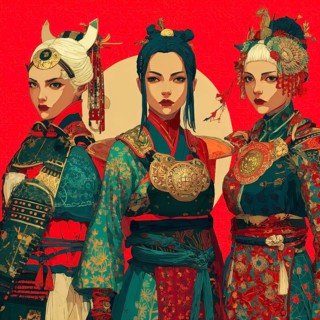 Three women samurai in a modern stylized Japanese attire and armor, AI generated