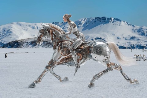 Female humanoid galloping a cyborg horse in an Antarctic environment, AI generated