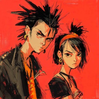 Young Japanese punks in front of red background, AI generated