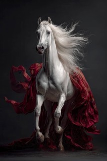 White rearing stallion draped in an elegant red and golden fabric, AI generated