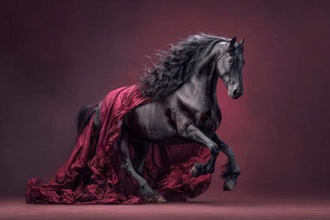 Black Arabian stallion draped in an elegant purple fabric, AI generated