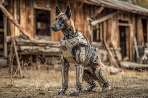 Cyborg Sheperd dog patrolling in an abandoned forest settlement ground, AI generated