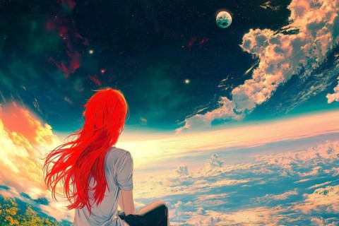 Anime girl with red hair captivated by the vision of a universe full of planets and stars, AI