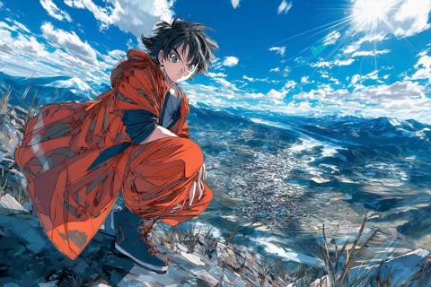 Anime boy dressed as a superhero in front of mountain landscape, AI generated