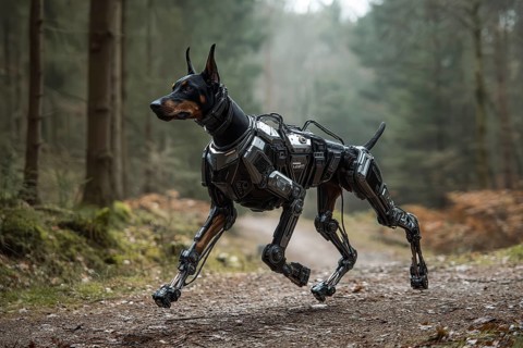 Cyborg Doberman dog running in the forest, AI generated