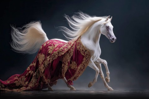 White rearing stallion draped in an elegant red and golden fabric, AI generated