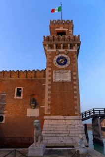 Renaissance clock tower from the Ingresso all'Acqua gate from the Arsenal, Venice, Veneto, Italy
