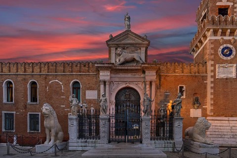 Renaissance entrance portal from Arsenal with evening sky, Venice, Veneto, Italy