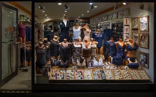 Showcase of a lingerie shop in the evening, Venice, Veneto, Italy