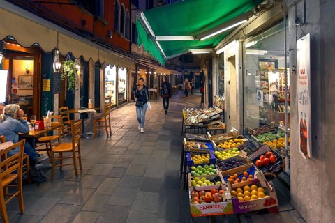 Fruit shop in the evening alleys, Venice, Veneto, Italy