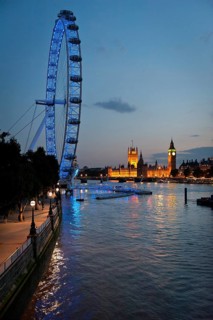 London Eye, Big Ben, Houses of Parliament, Palace of Westminster, evening mood, London, England,