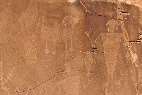 Close-up of petroglyphs from the Fremont culture on sandy rock, Dinosaur National Monument, Utah,