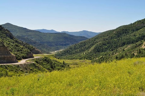 View of a green valley with a winding road surrounded by mountains under a clear sky, Dinosaur