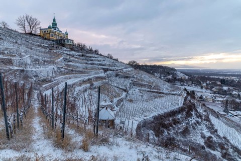 High up is the Spitzhaus in the snowy vineyards with views of Dresden, Oberlößnitz, Radebeul,