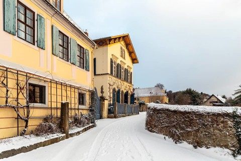 Landhaus des Meinholdschen Weingut in the snow, today Weingut Aust, Oberlössnitz, Radebeul, Saxony,