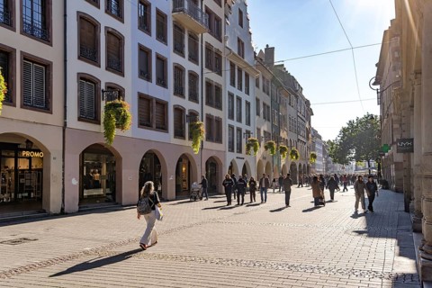 Rue des Grandes Arcades pedestrian street in Strasbourg, Alsace, France