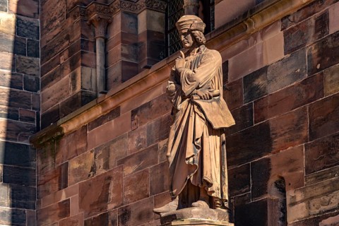 Erwin von Steinbach, sculpture on the south portal of Strasbourg Cathedral in Strasbourg, Alsace,