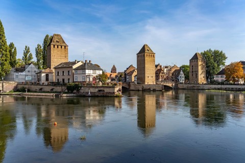 The towers of the Ponts Couverts Covered Bridges on the Ill in Strasbourg, Alsace, France