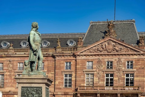 Statue of General Kleber and the Aubette, classical building on Place Kléber in Strasbourg, Alsace,