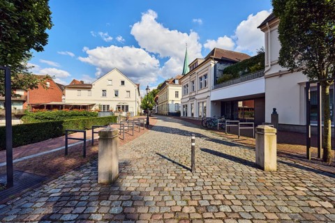 Pedestrian zone, barrier bollard, general development, houses, residential buildings and commercial