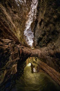 Underground cave formed by lava flow, illuminated lava cave, Cueva de los Verdes, Lanzarote, Canary