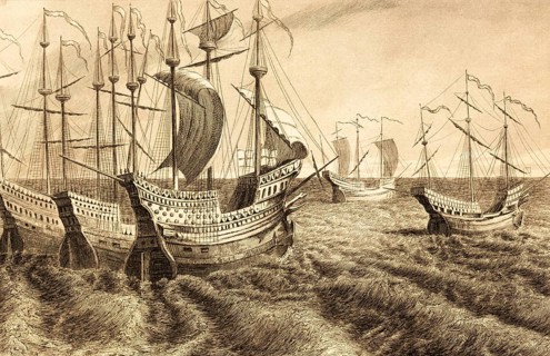 Ships from the time of the English King Henry VIII (1491 - 1547) Sea, 16th century, high waves,