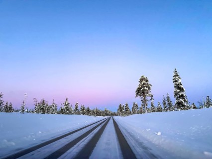 Road through snowy landscape with forest, pink sky at sunrise, Lapland, Finland