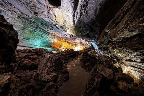 Underground cave formed by lava flow, illuminated lava cave, Cueva de los Verdes, Lanzarote, Canary