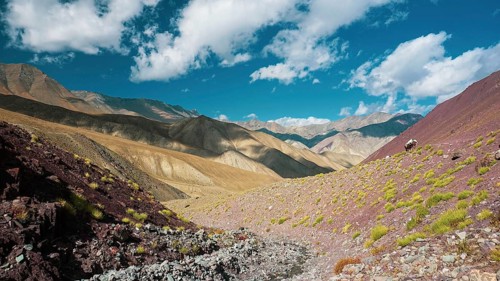 Mountain panorama, diverse mountain landscape with barren soil and colorful colors under cloudy