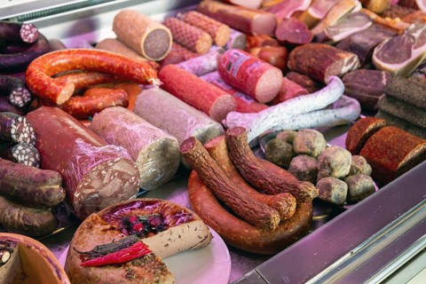 Sausage counter in a butcher shop
