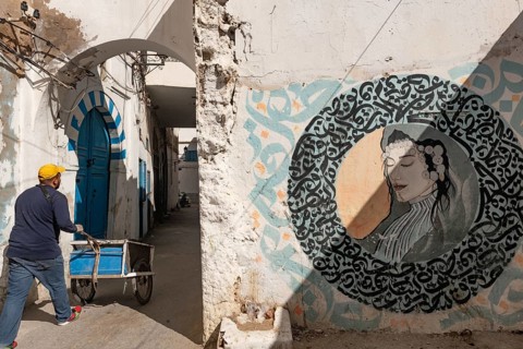 Tunis, Tunisia 4th May, 2024 Decorative street art in the narrow streets of Tunis Medina, a UNESCO