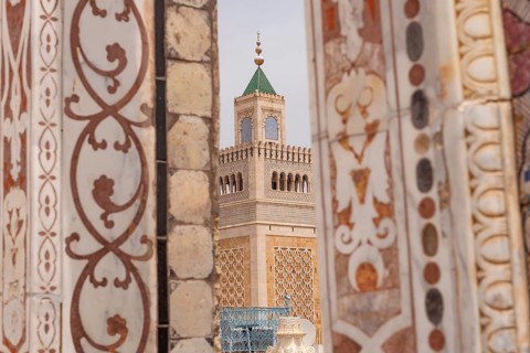 Tunis, Tunisia. 15th May 2024 Scenic view of the minaret of Al-Zaytuna Mosque in the Medina, the
