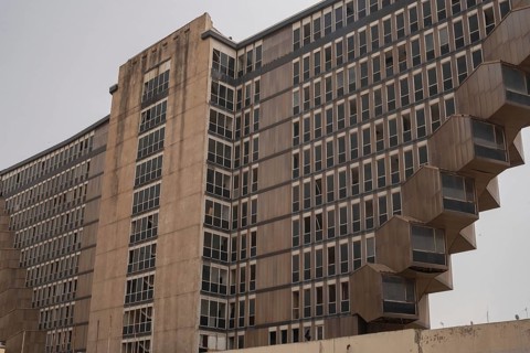 Tunis, Tunisia. 16th May 2024 The 1970s Brutalist style architecture of the Hotel du Lac, with