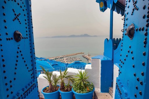 Stunning view of the Gulf of Tunis and the Mediterranean from the beautiful cliff top town of Sidi