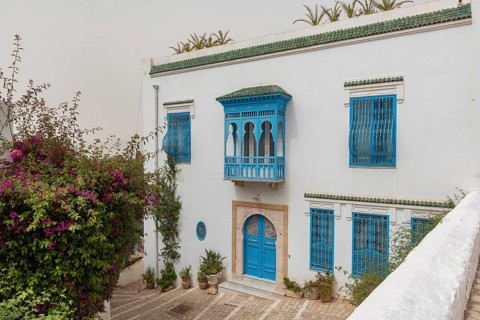 May 17th 2024. Sidi Bou Said, Tunisia. Traditional blue and white architecture of a beautiful villa