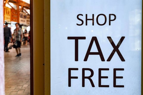 Dubai, United Arab Emirates. June 29th 2019 Tax Free Shopping Sign in the Gold Souk of Dubai Creek,