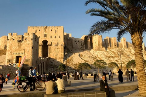 Aleppo, Syria. November 5th 2010 The impressive facade of the Citadel of Aleppo, Syria