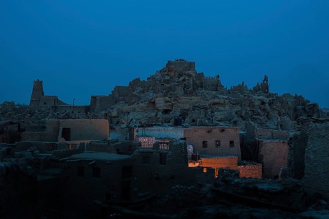 View of the mud brick houses at night inside the ancient fortress of Shali in Siwa Oasis, The Siwa