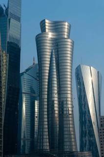 Doha, Qatar. September 20th 2019 Modern glass fronted skyscrapers and office towers line the Doha