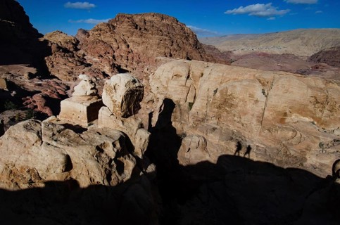 Petra, Jordan. December 11th 2012 Shadows on the Snakes Head Monument, Petra hiking trail, Jordan